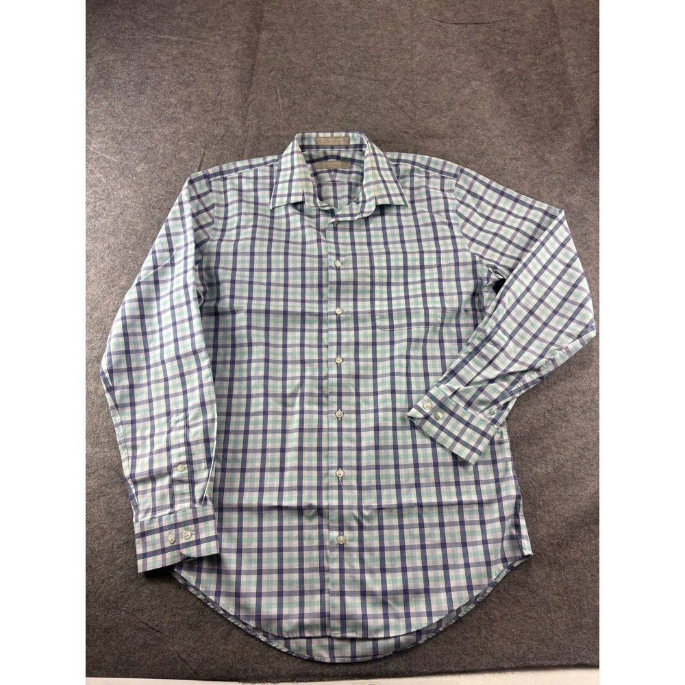 Nordstrom Smartcare Trim Fit Dress Shirt Blue Green Plaid 15.5 34/35 Cotton